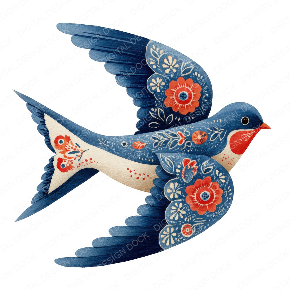 Folk Art Swallow fussy cut sheet in A4 format showing all 12 designs on one printable page