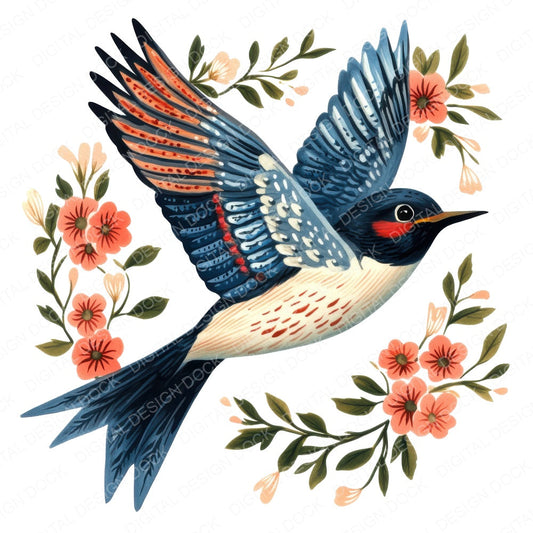 Folk Art Swallow Bird fussy cut sheet in US Letter format showing all 12 designs on one printable page