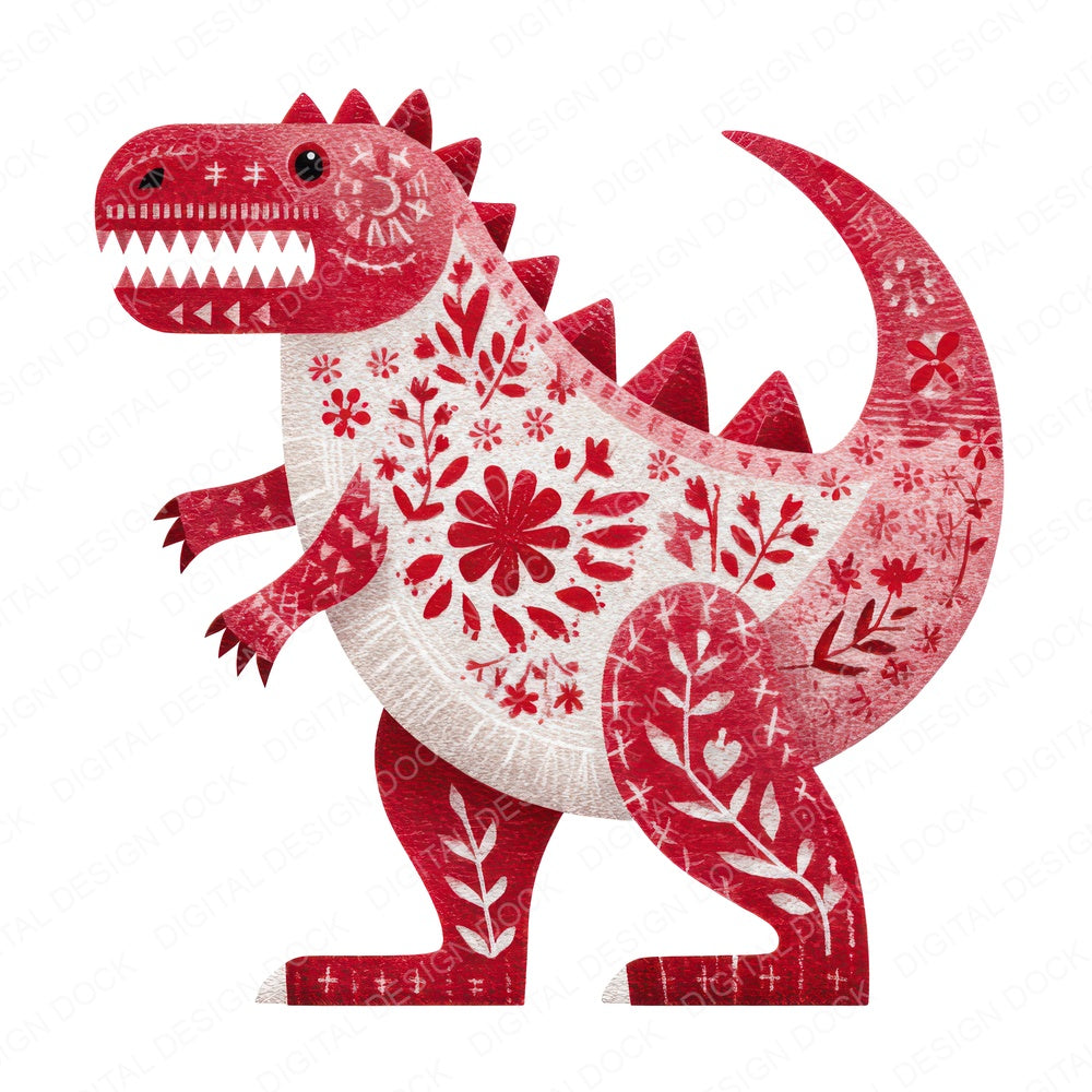 Folk Art T Rex fussy cut sheet in A4 format showing all 12 designs on one printable page