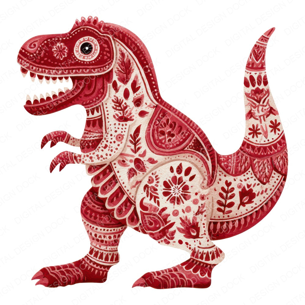 Folk Art T Rex fussy cut sheet in US Letter format showing all 12 designs on one printable page