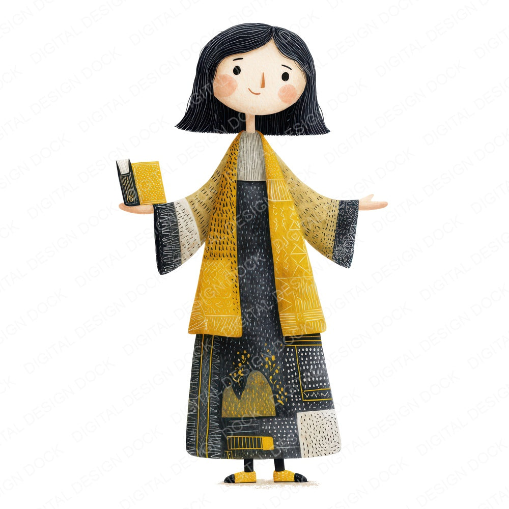 Folk Art Teacher Character fussy cut sheet in A4 format showing all 12 designs on one printable page