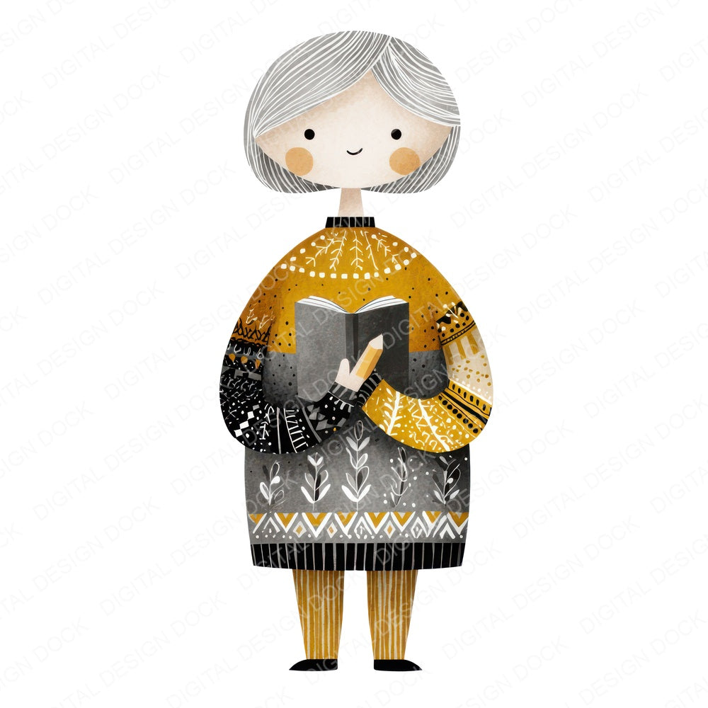 Folk Art Teacher Character fussy cut sheet in US Letter format showing all 12 designs on one printable page