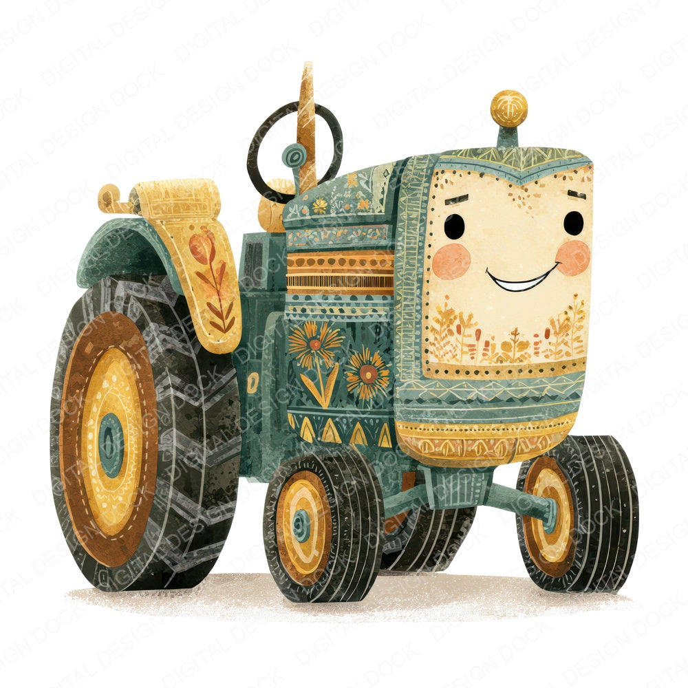 Folk Art Tractor Character fussy cut sheet in A4 format showing all 12 designs on one printable page