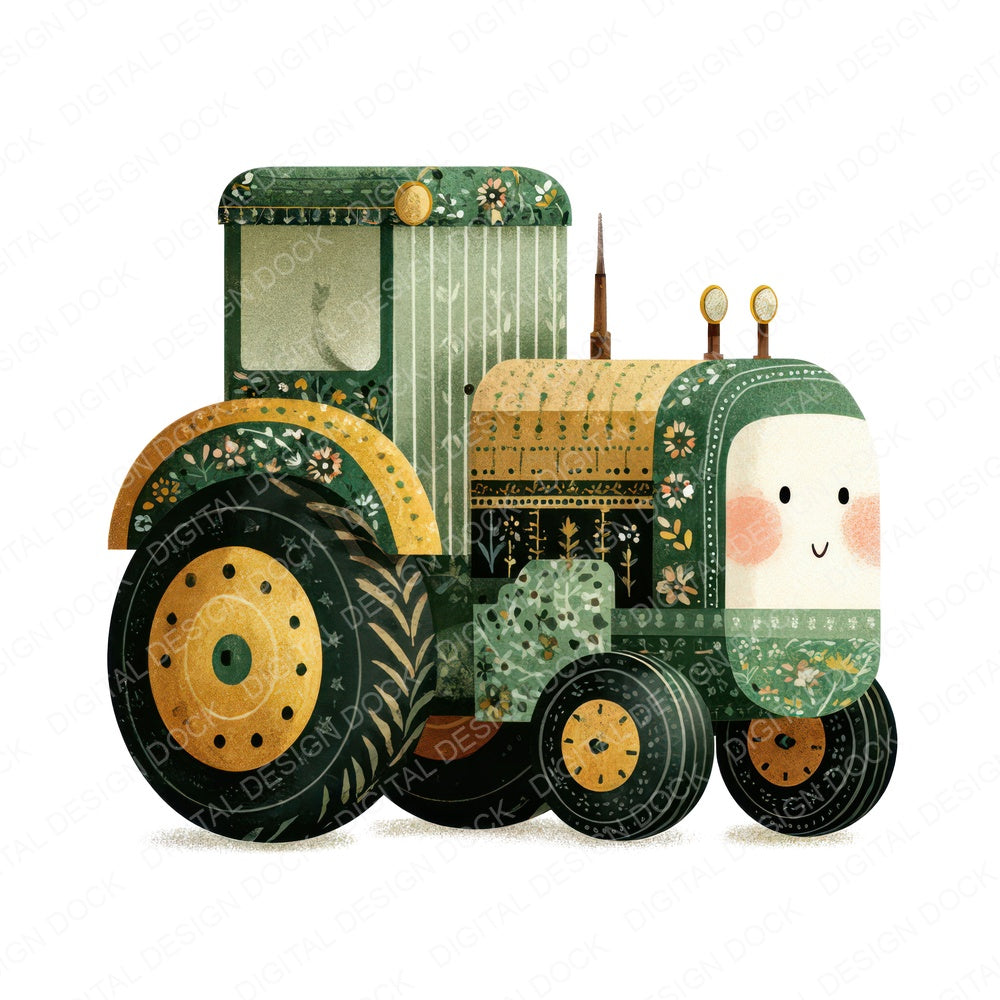 Folk Art Tractor Character fussy cut sheet in US Letter format showing all 12 designs on one printable page