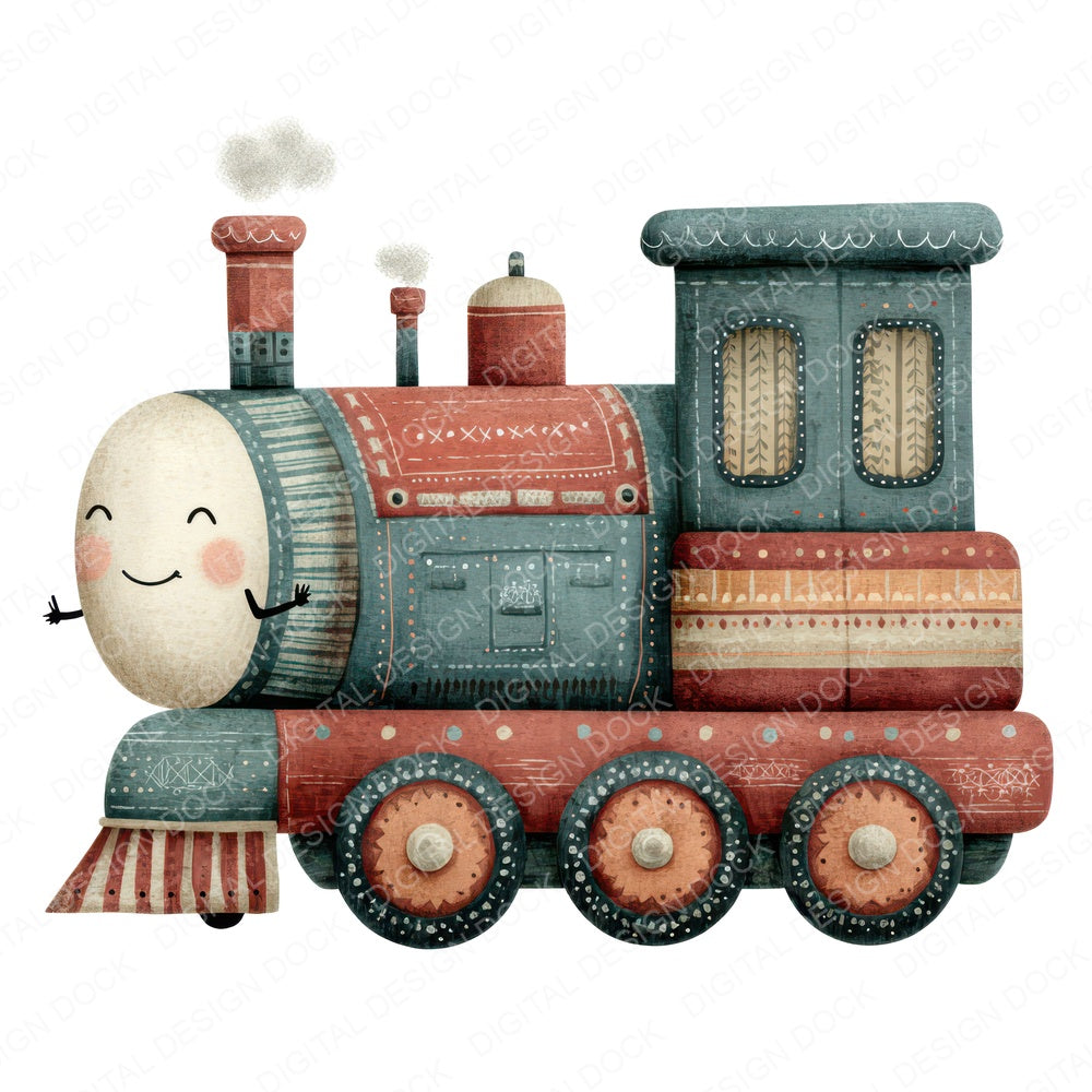 Folk Art Train Character fussy cut sheet in A4 format showing all 12 designs on one printable page