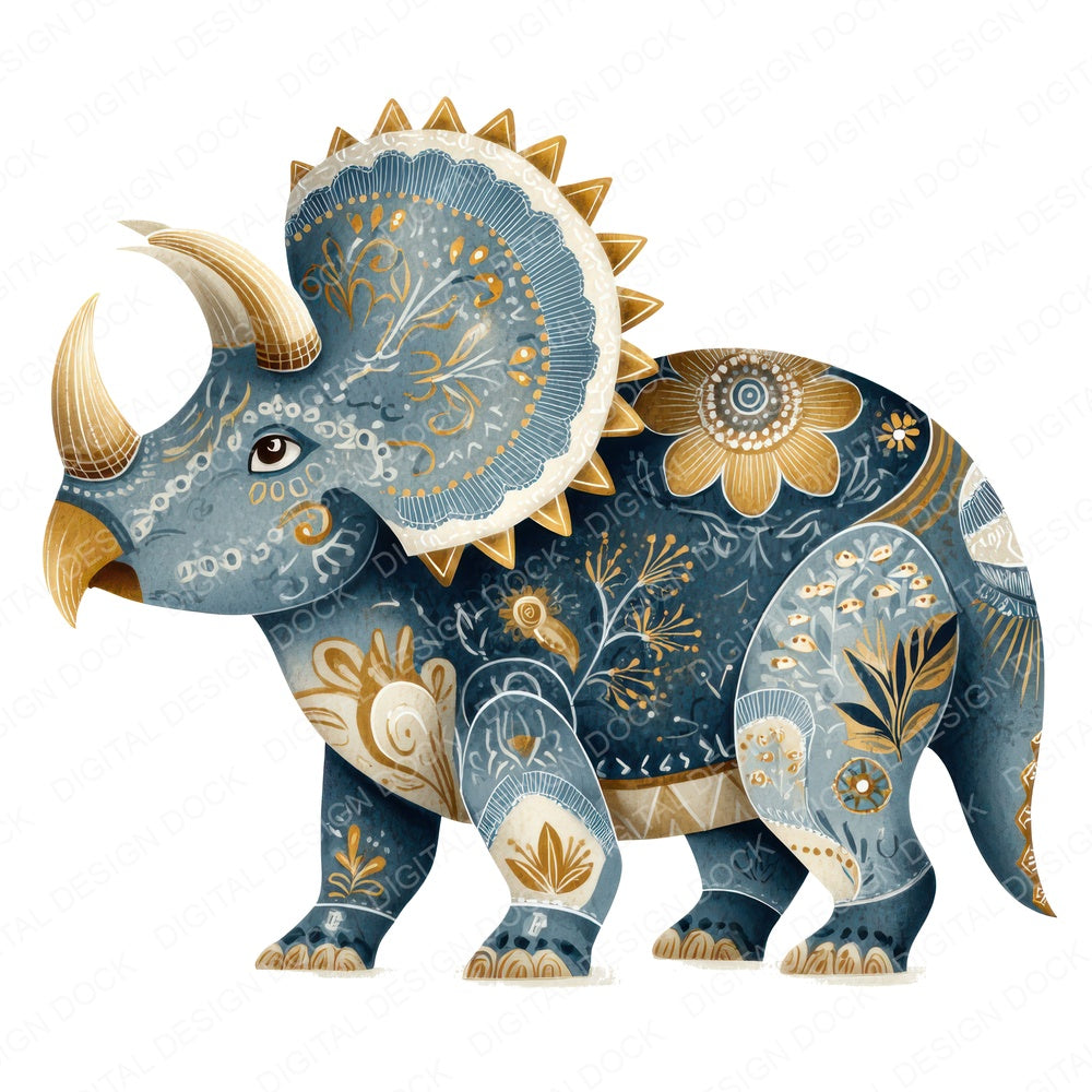 Folk Art Triceratops fussy cut sheet in A4 format showing all 12 designs on one printable page