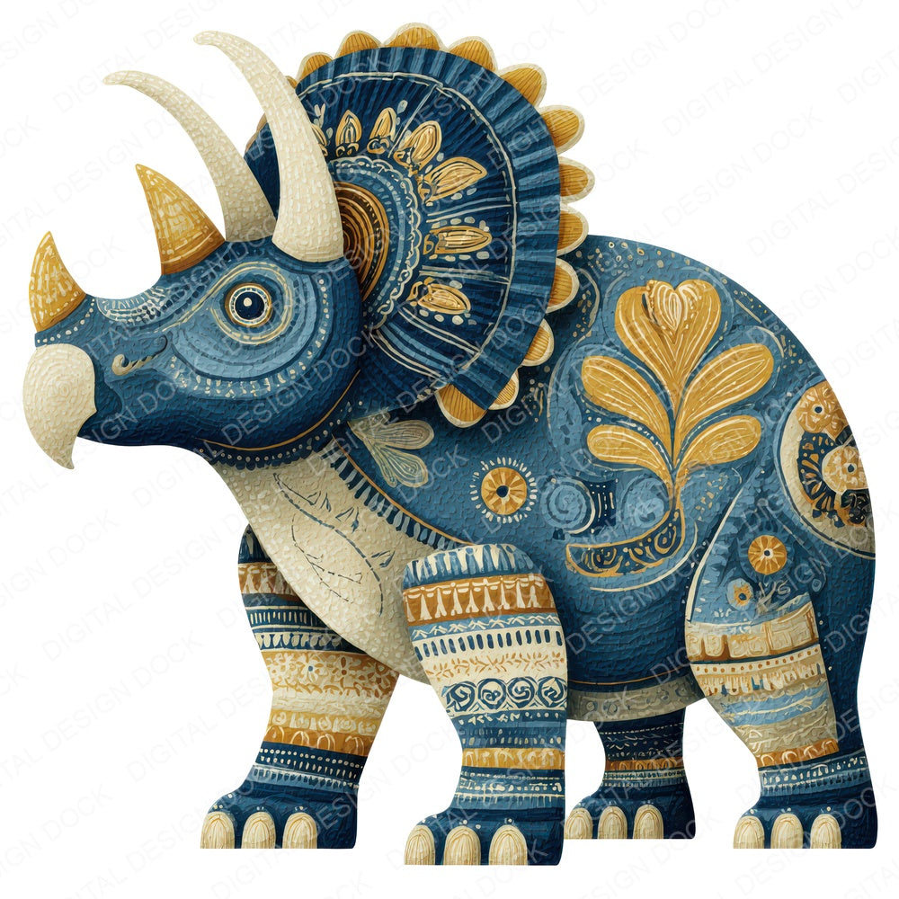 Folk Art Triceratops fussy cut sheet in US Letter format showing all 12 designs on one printable page