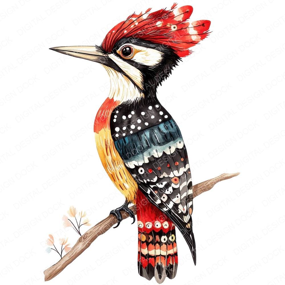Folk Art Woodpecker fussy cut sheet in A4 format showing all 12 designs on one printable page
