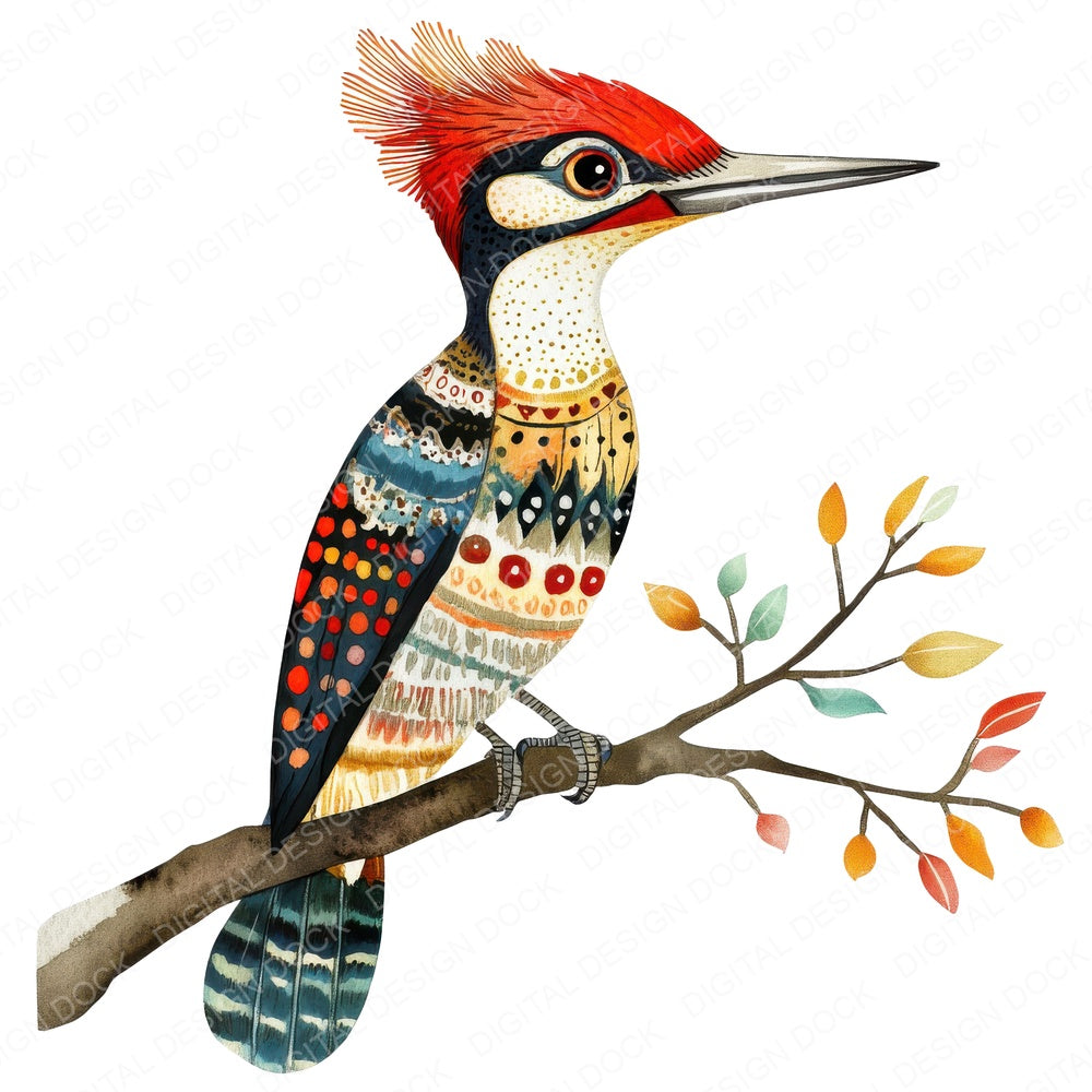 Folk Art Woodpecker fussy cut sheet in US Letter format showing all 12 designs on one printable page