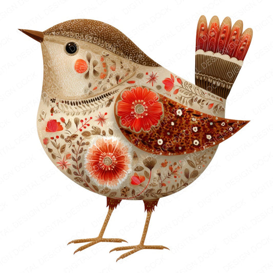 Folk Art Wren fussy cut sheet in A4 format showing all 12 designs on one printable page