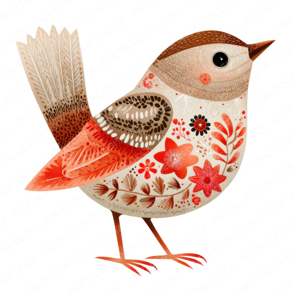 Folk Art Wren fussy cut sheet in US Letter format showing all 12 designs on one printable page