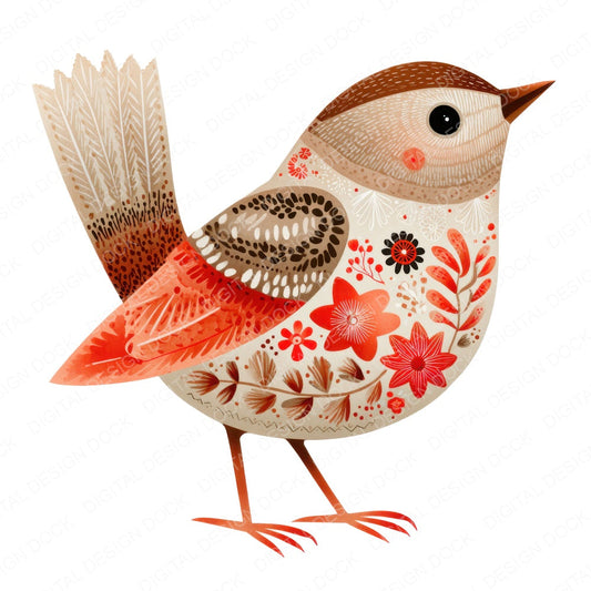 Folk Art Wren fussy cut sheet in US Letter format showing all 12 designs on one printable page