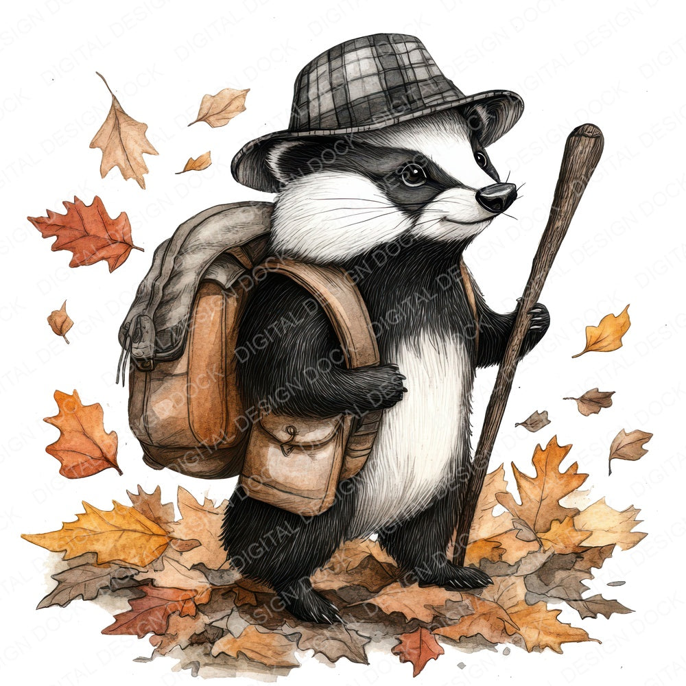 Folk Badger with Stick fussy cut sheet in A4 format showing all 12 designs on one printable page