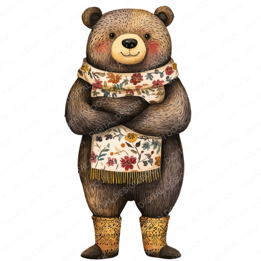 Folk Bear in Scarf fussy cut sheet in A4 format showing all 12 designs on one printable page