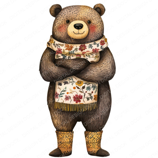 Folk Bear in Scarf fussy cut sheet in A4 format showing all 12 designs on one printable page