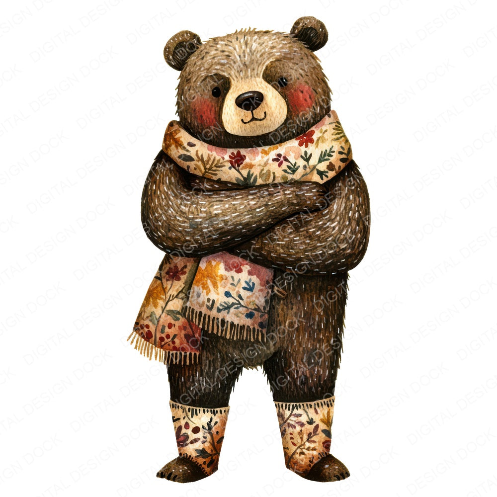 Folk Bear in Scarf fussy cut sheet in US Letter format showing all 12 designs on one printable page