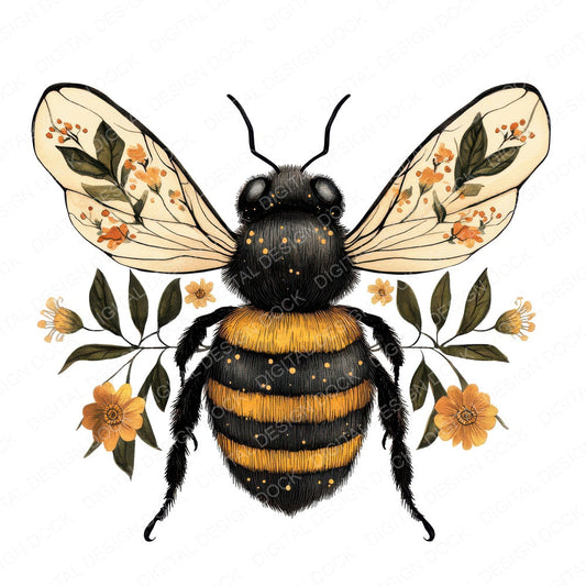 Folk Bee with Flowers fussy cut sheet in A4 format showing all 12 designs on one printable page
