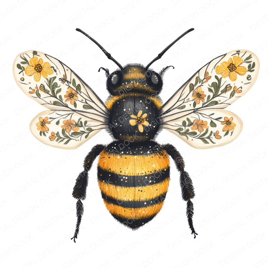 Folk Bee with Flowers fussy cut sheet in US Letter format showing all 12 designs on one printable page