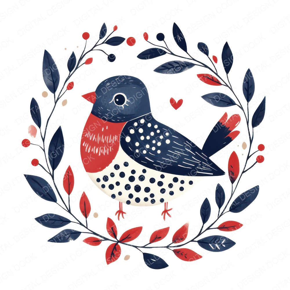 Folk Bird in Leaf Ring fussy cut sheet in A4 format showing all 12 designs on one printable page