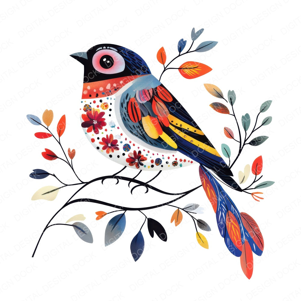 Folk Bird on Floral Vine fussy cut sheet in A4 format showing all 12 designs on one printable page