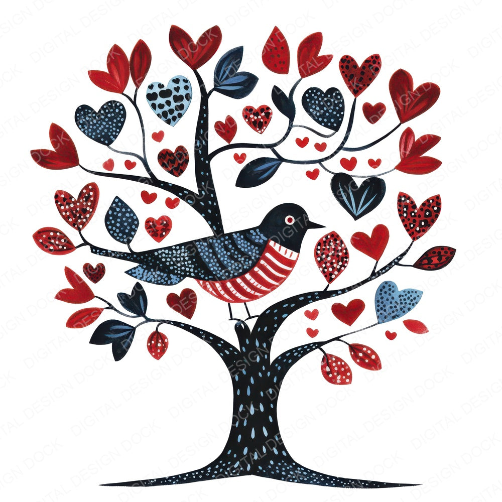 Folk Bird on Tree fussy cut sheet in A4 format showing all 12 designs on one printable page