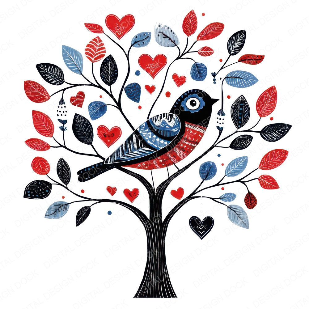 Folk Bird on Tree fussy cut sheet in US Letter format showing all 12 designs on one printable page