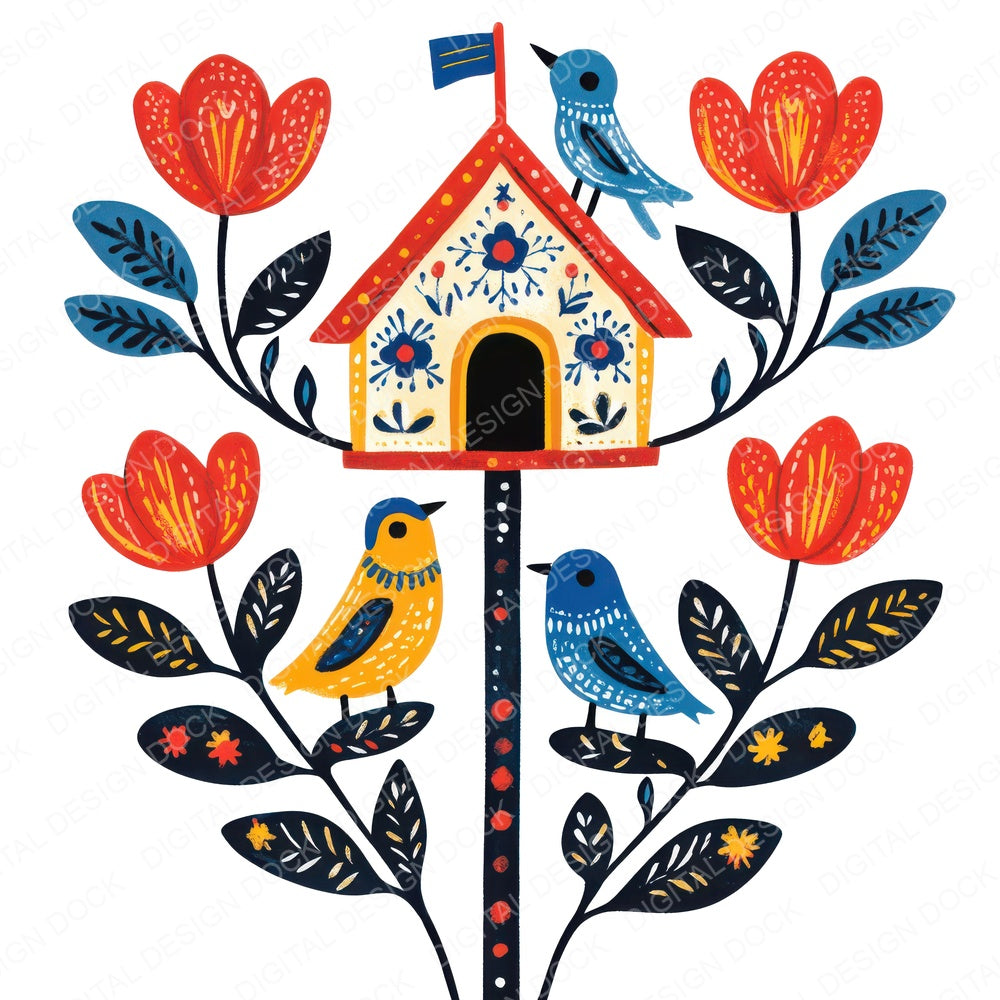 Folk Birdhouse Scene fussy cut sheet in A4 format showing all 12 designs on one printable page
