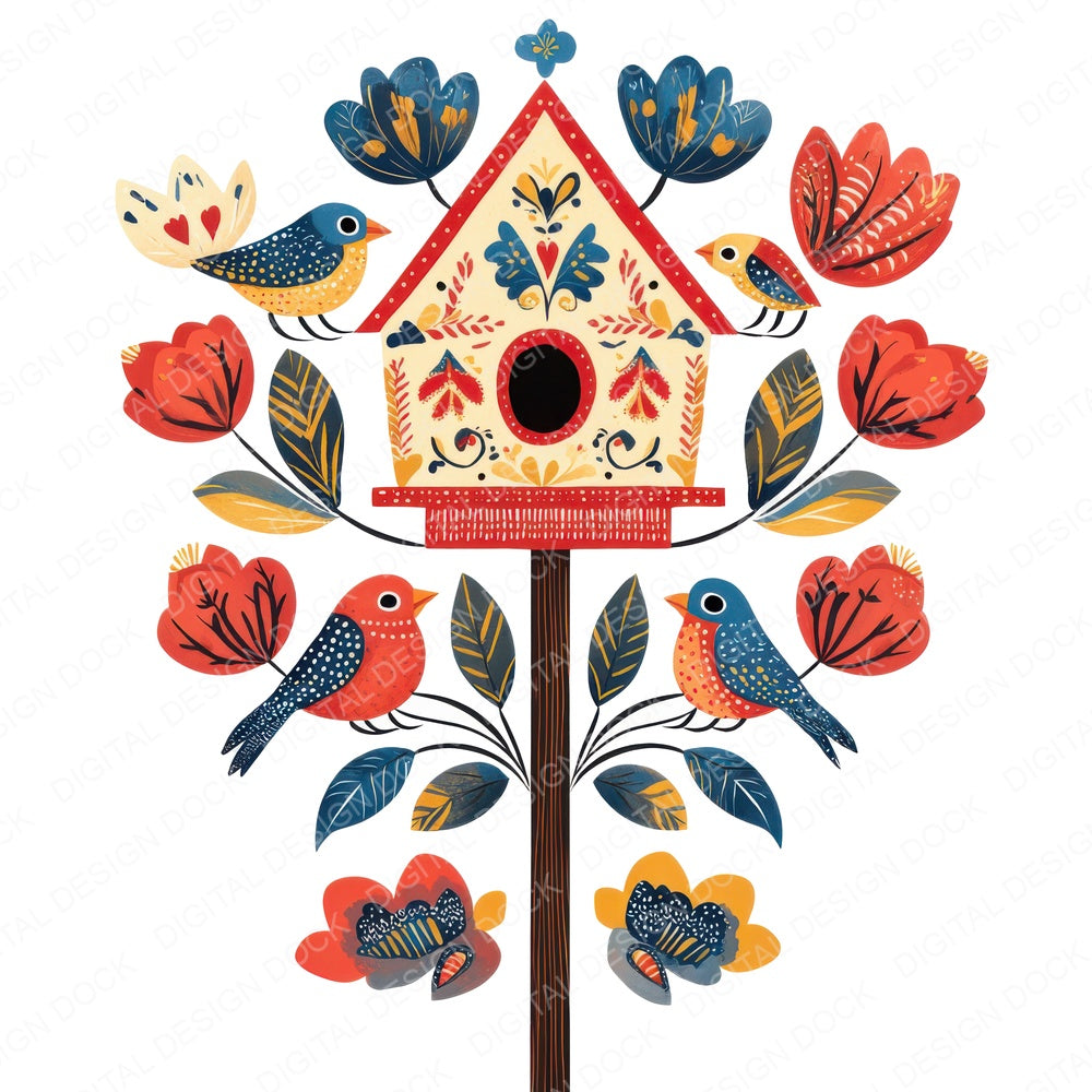 Folk Birdhouse Scene fussy cut sheet in US Letter format showing all 12 designs on one printable page