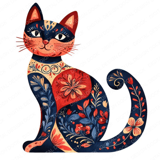 Folk Cat with Florals fussy cut sheet in A4 format showing all 12 designs on one printable page