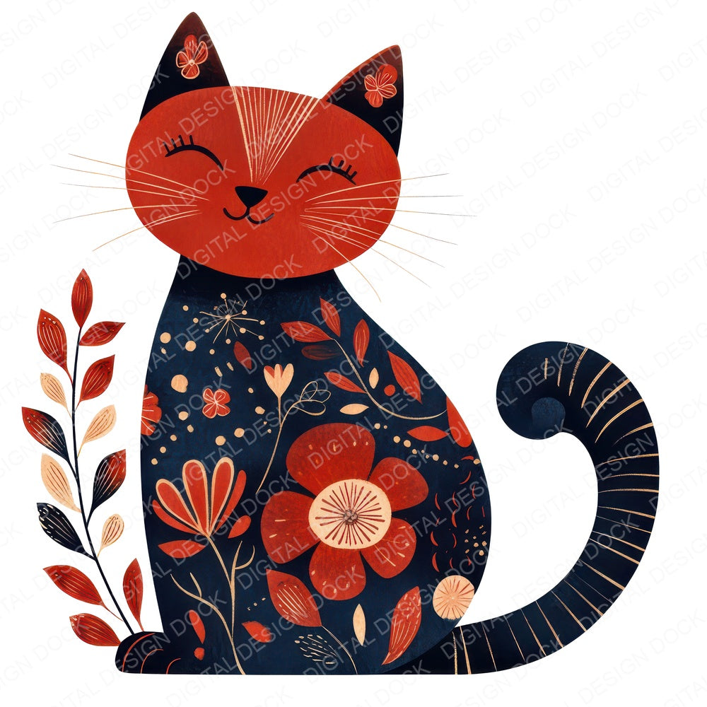 Folk Cat with Florals fussy cut sheet in US Letter format showing all 12 designs on one printable page