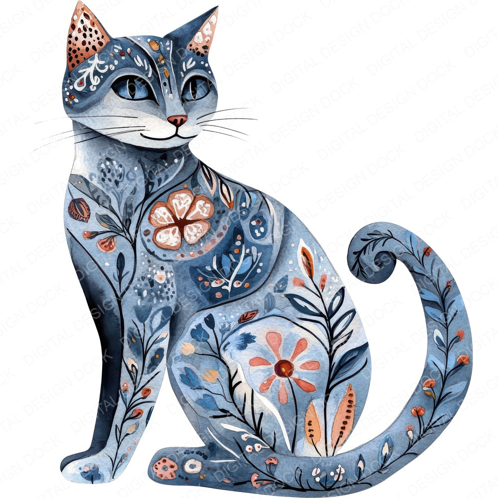 Folk Cat with Symbols fussy cut sheet in A4 format showing all 12 designs on one printable page