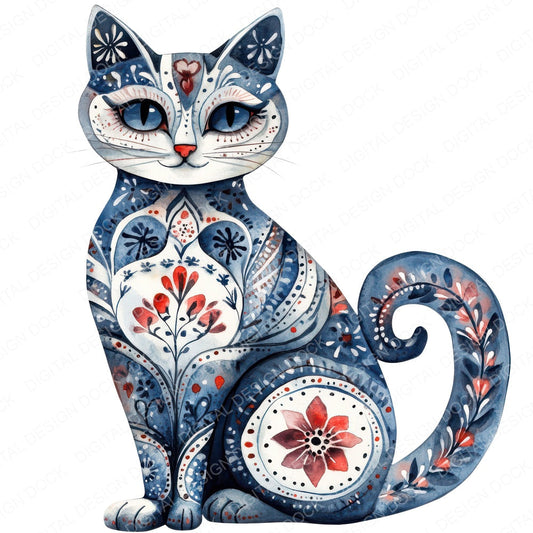 Folk Cat with Symbols fussy cut sheet in US Letter format showing all 12 designs on one printable page