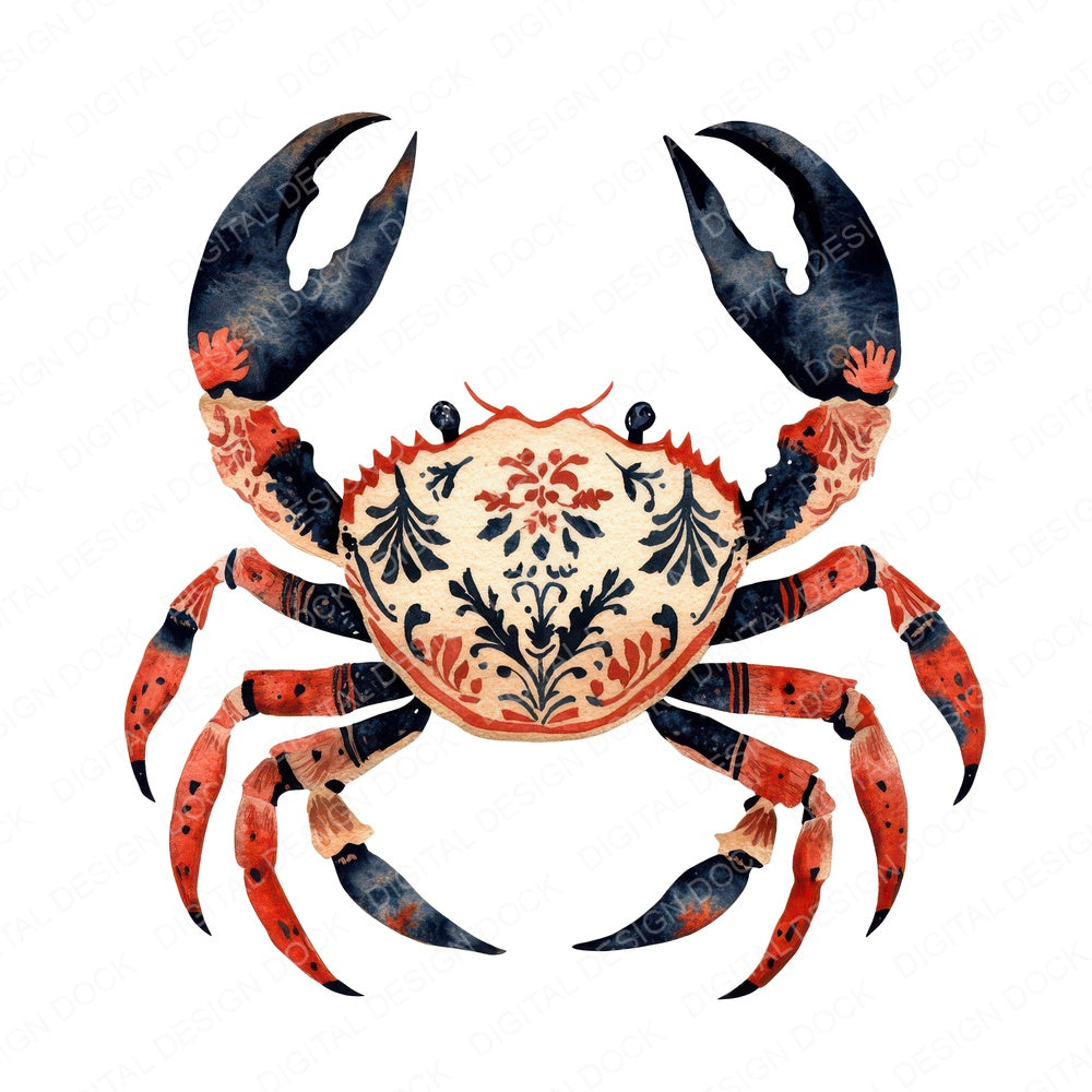 Folk Crab with Florals fussy cut sheet in A4 format showing all 12 designs on one printable page