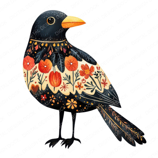 Folk Crow with Patterns fussy cut sheet in A4 format showing all 12 designs on one printable page