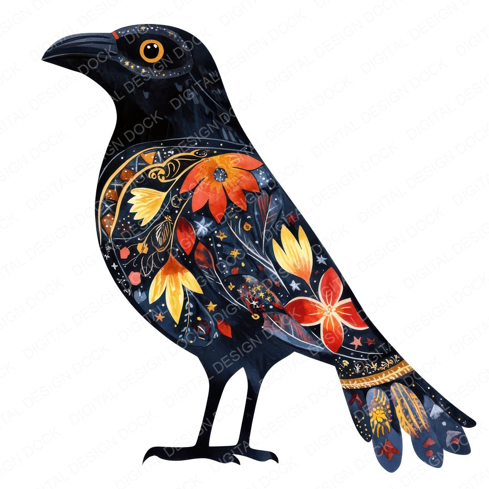 Folk Crow with Patterns fussy cut sheet in US Letter format showing all 12 designs on one printable page
