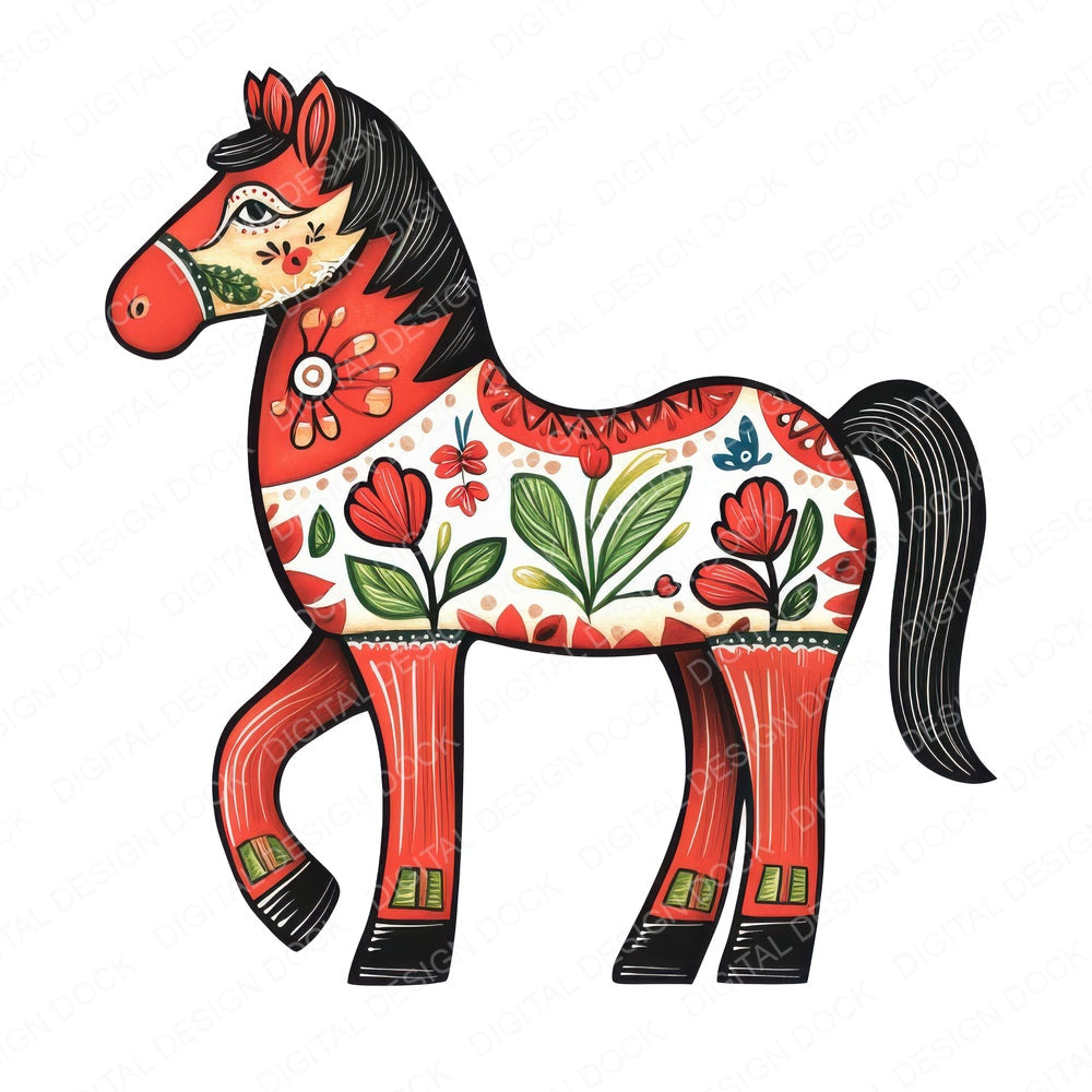 Folk Dala Horse fussy cut sheet in A4 format showing all 12 designs on one printable page