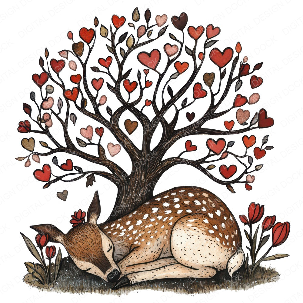 Folk Deer under Tree fussy cut sheet in A4 format showing all 12 designs on one printable page
