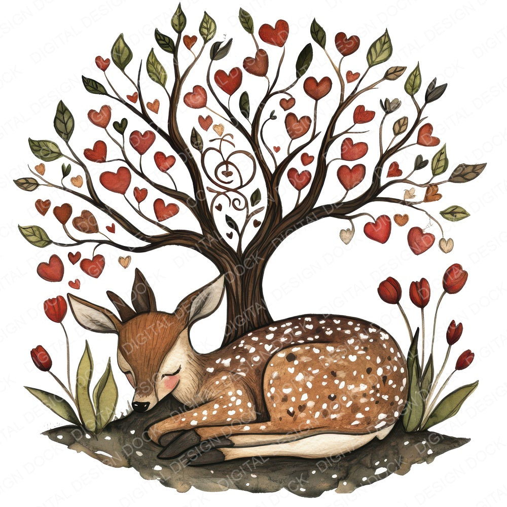 Folk Deer under Tree fussy cut sheet in US Letter format showing all 12 designs on one printable page