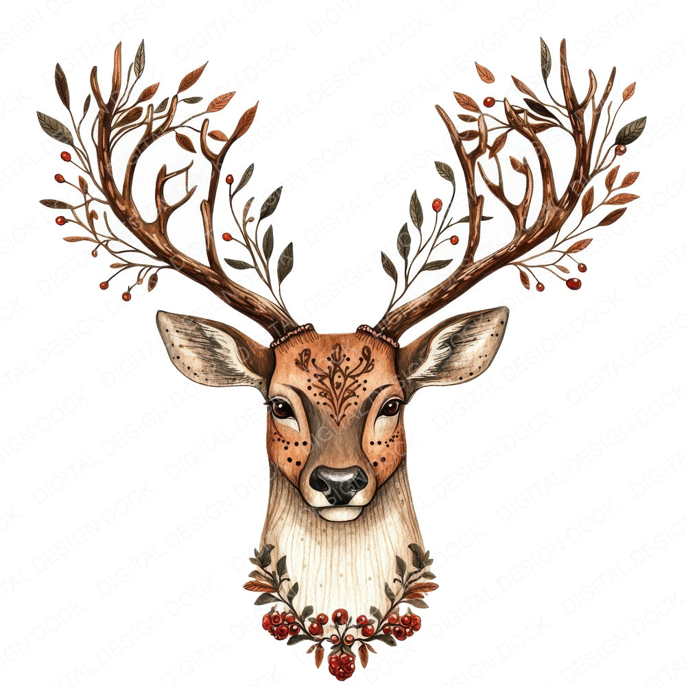 Folk Deer with Antlers fussy cut sheet in A4 format showing all 12 designs on one printable page