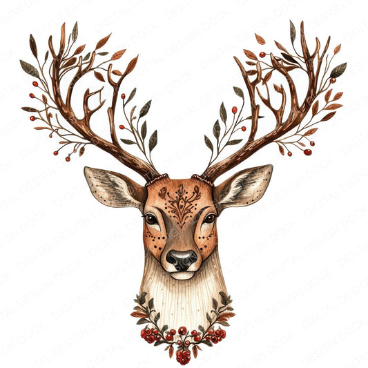 Folk Deer with Antlers fussy cut sheet in A4 format showing all 12 designs on one printable page