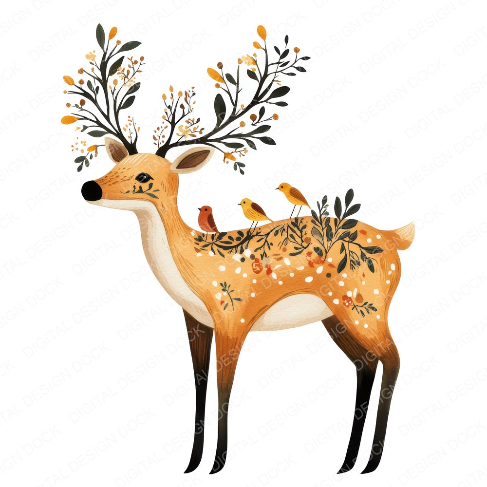 Folk Deer with Florals fussy cut sheet in US Letter format showing all 12 designs on one printable page
