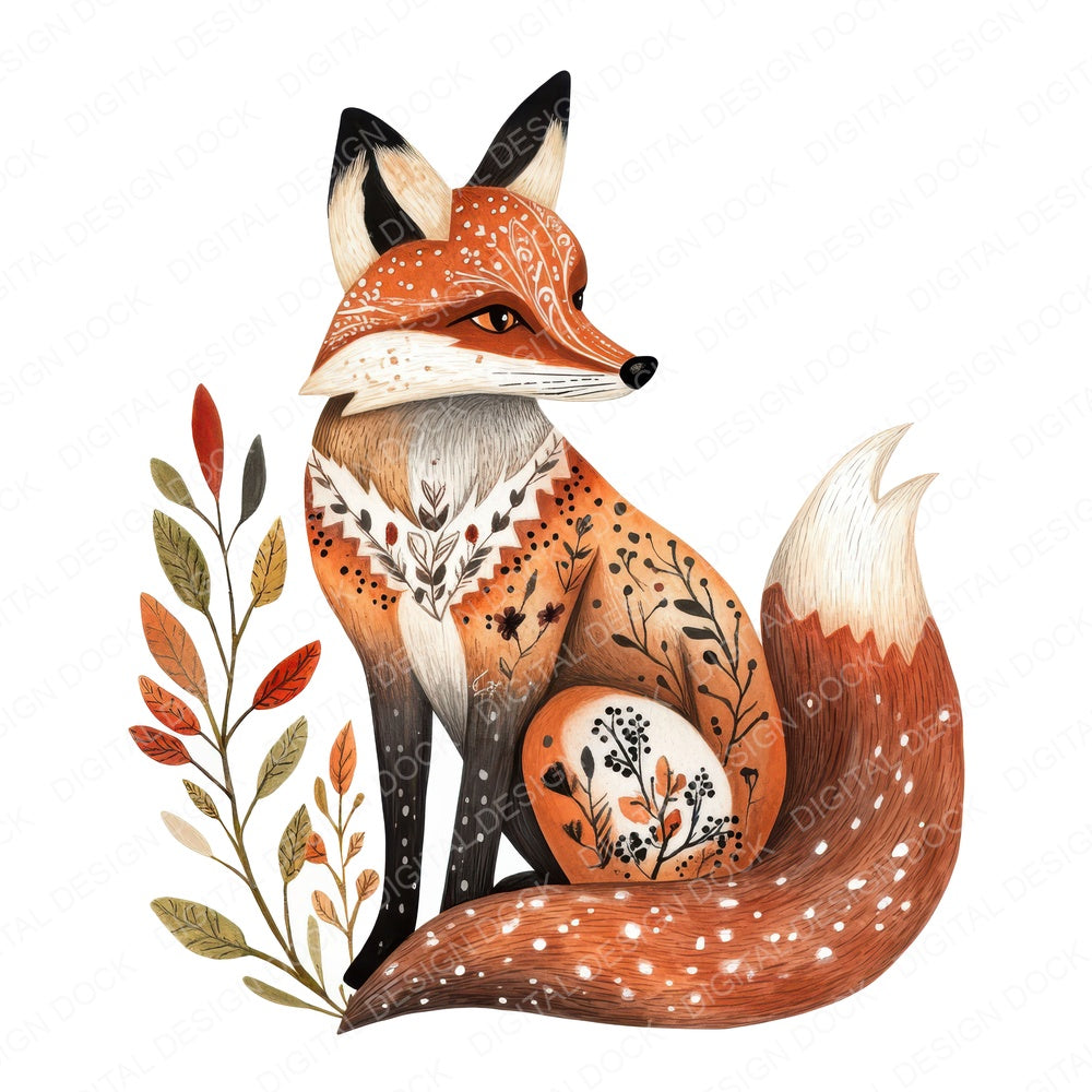 Folk Floral Fox fussy cut sheet in A4 format showing all 12 designs on one printable page