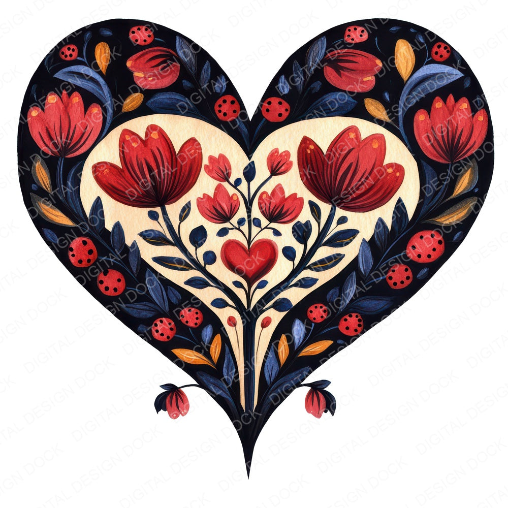 Folk Floral Heart fussy cut sheet in A4 format showing all 12 designs on one printable page