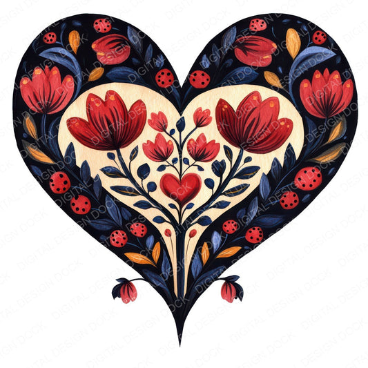 Folk Floral Heart fussy cut sheet in A4 format showing all 12 designs on one printable page