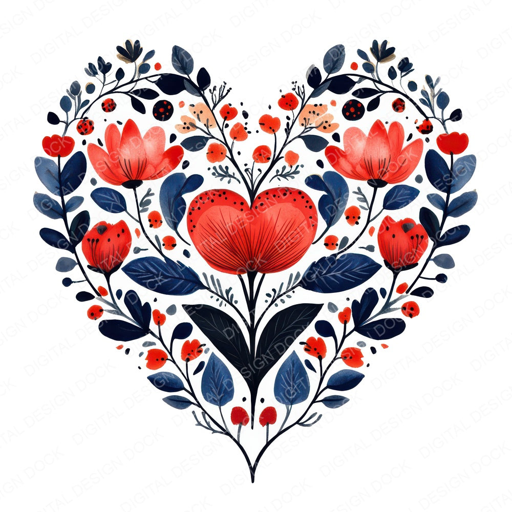 Folk Floral Heart fussy cut sheet in US Letter format showing all 12 designs on one printable page