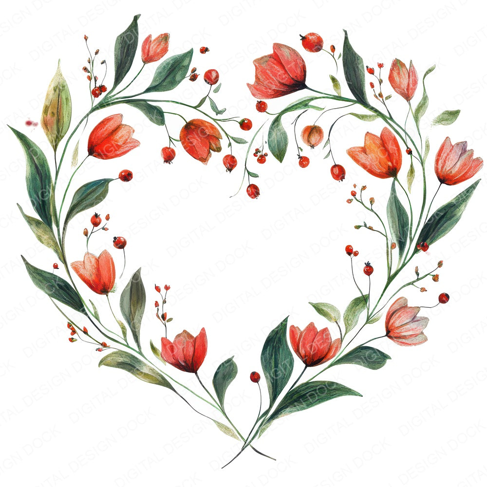 Folk Floral Heart Wreath fussy cut sheet in A4 format showing all 12 designs on one printable page