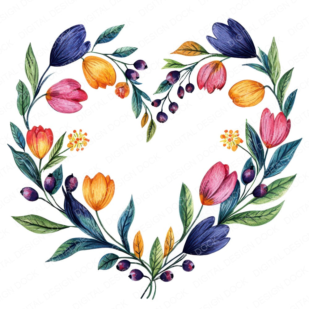 Folk Floral Heart Wreath fussy cut sheet in US Letter format showing all 12 designs on one printable page