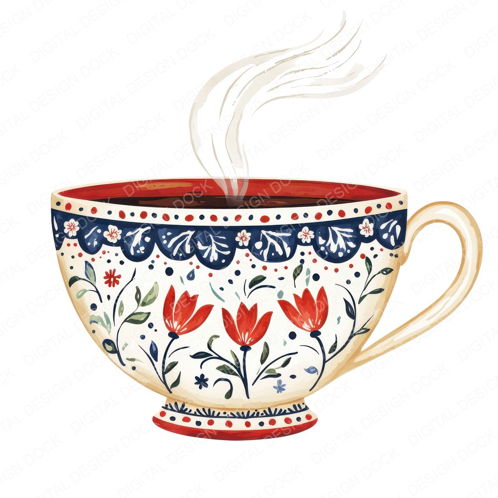 Folk Floral Teacup fussy cut sheet in US Letter format showing all 12 designs on one printable page