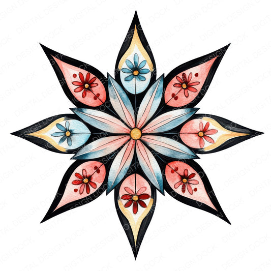 Folk Flower Star fussy cut sheet in A4 format showing all 12 designs on one printable page