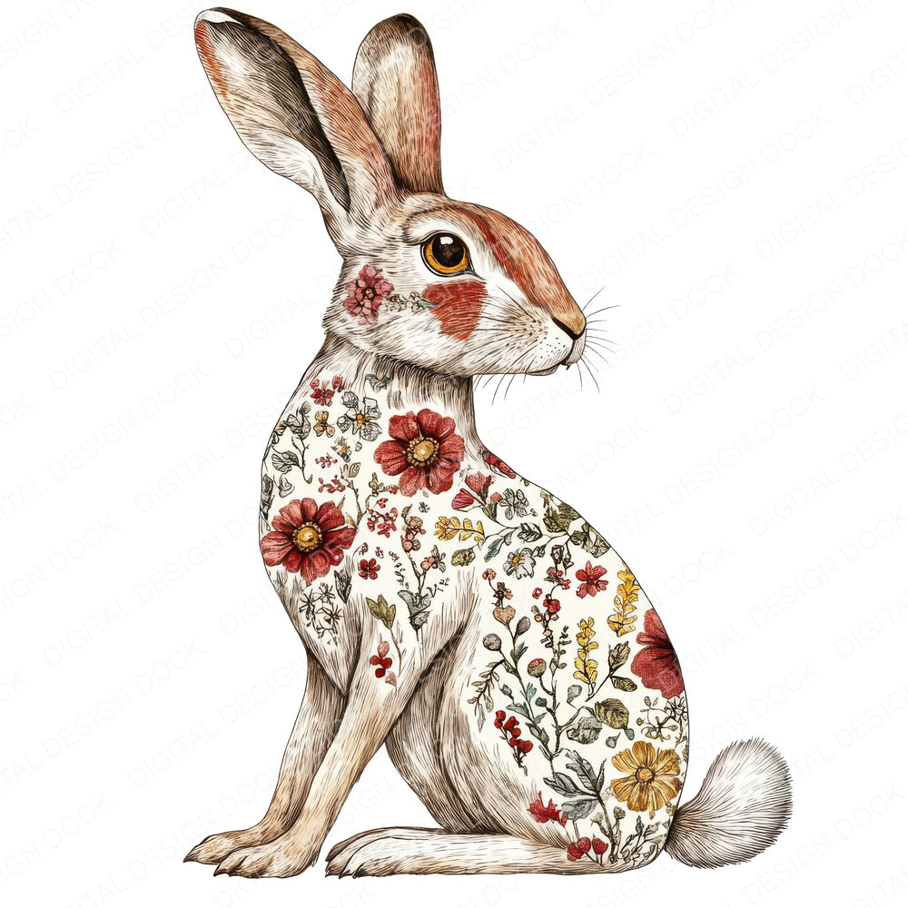 Folk Hare with Florals fussy cut sheet in A4 format showing all 12 designs on one printable page